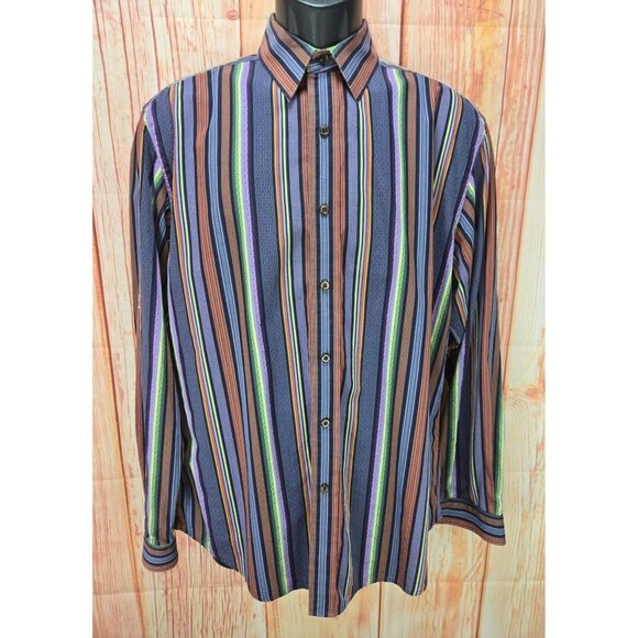 Robert Graham Mens Medium Multicolor Striped Button-Up Shirt Embroidered Details - Picture 1 of 9
